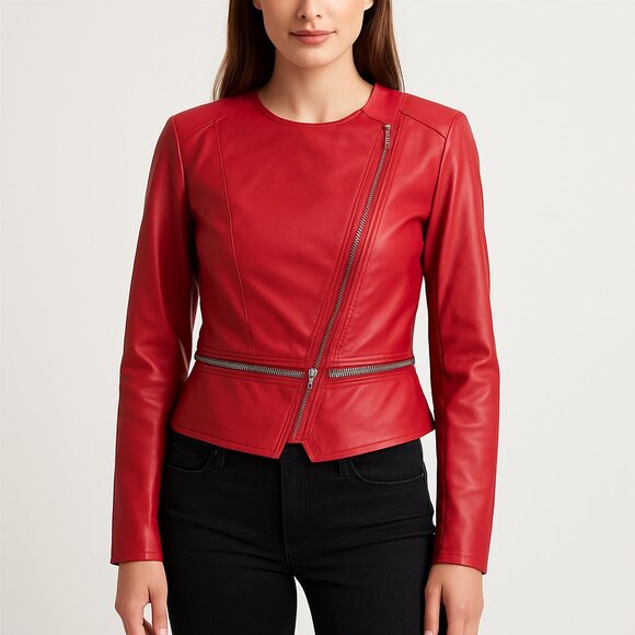 Therapy by Lane Crawford Red Leather Jacket Cropped - Size M - Picture 5 of 7